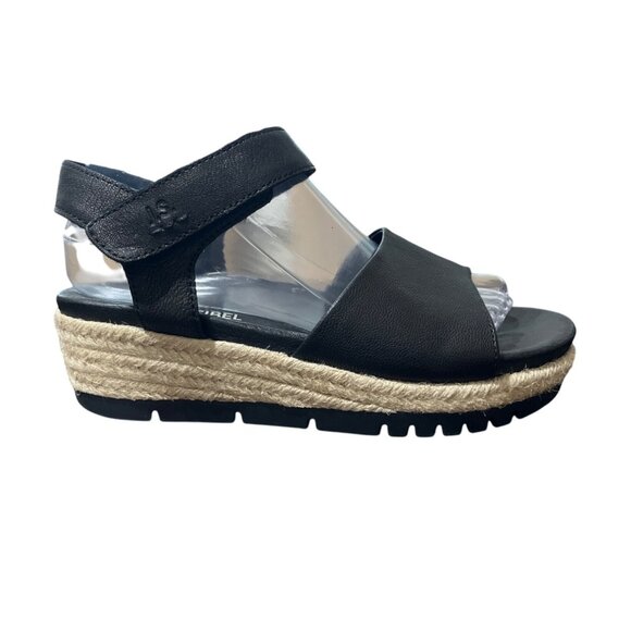 Josef Seibel Espadrille Sandals Black Leather Open Toe Wedge Size 39 / US 8-8.5 - Picture 9 of 10